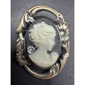 Vintage Jezlaine 925 Sterling Silver Brooch Pin White Black Cameo Floral Signed